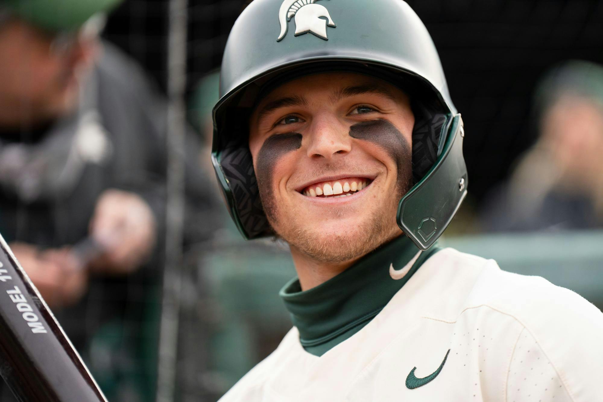 Michigan State senior outfielder JT Sokolove (2) practices batting before the Crosstown Showdown game at Jackson Field on April 1, 2025. The Spartans beat the Lugnuts 1-0, overcoming an 11-game losing streak.
