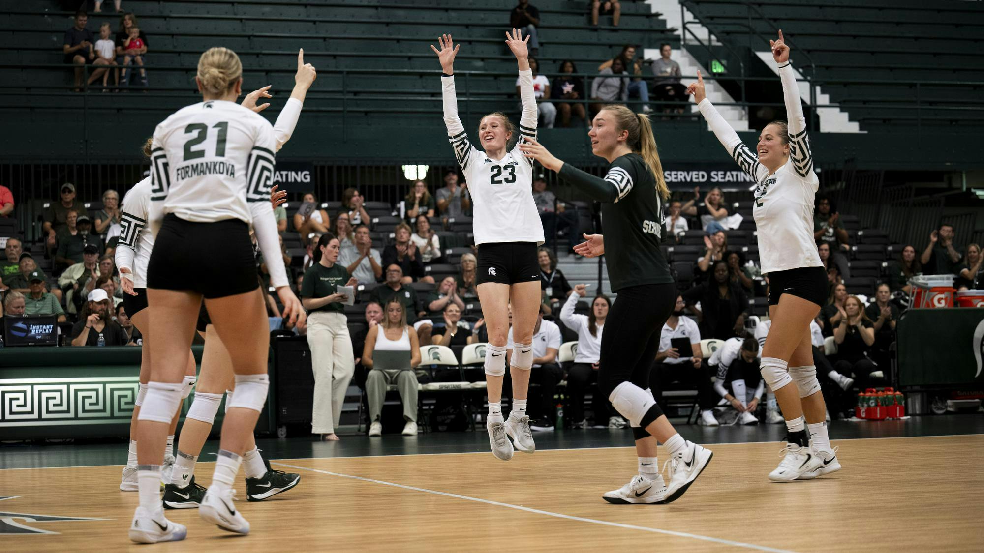 <p>Michigan State women’s volleyball team huddles during their final set before victory at Jenison Field House on Sept. 18, 2025.</p>