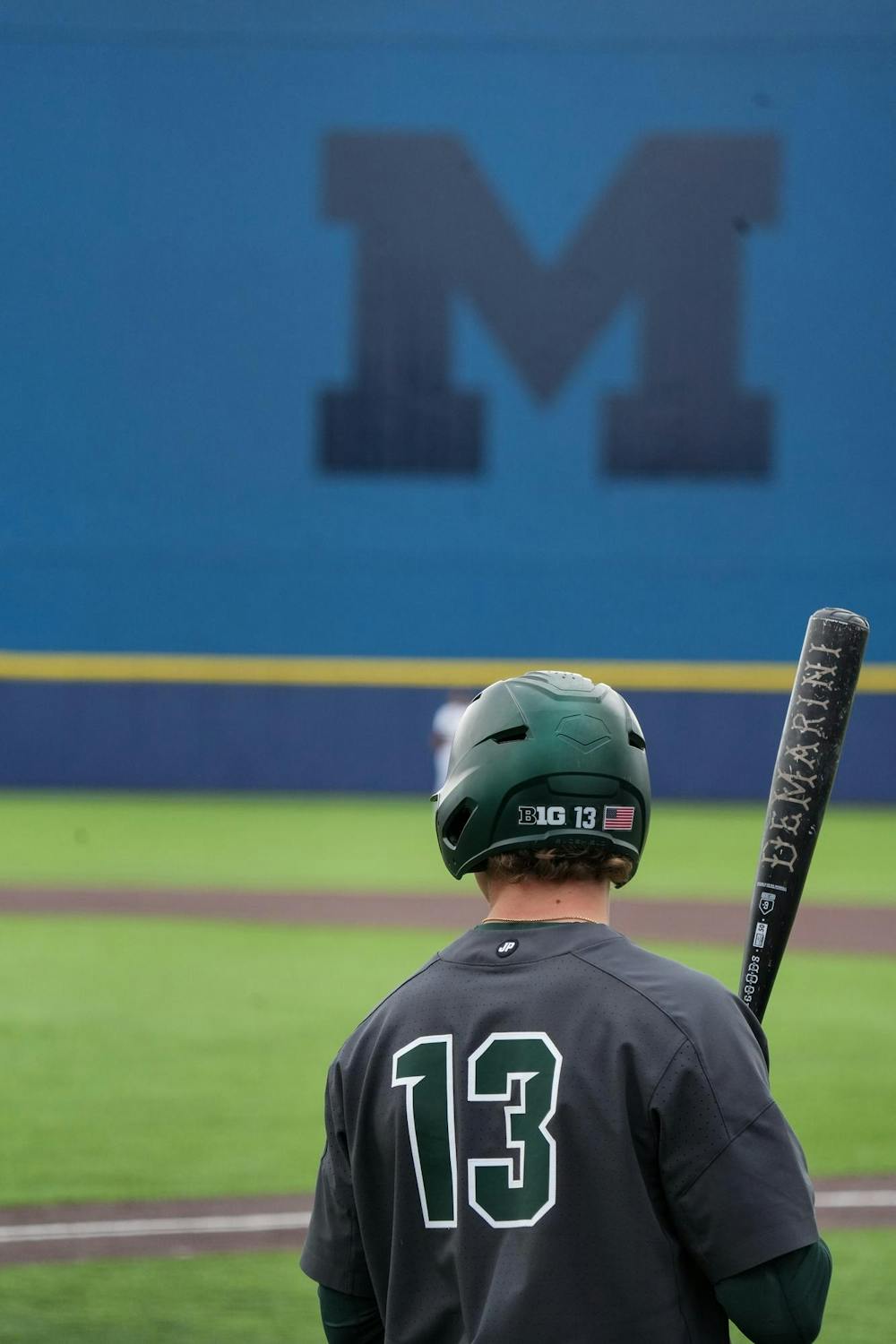 <p>Michigan State sophomore Parker Picot (13) prepares to hit against Michigan on April 26, 2025. The Spartans lost to the Wolverines in the second game 9-2.</p>