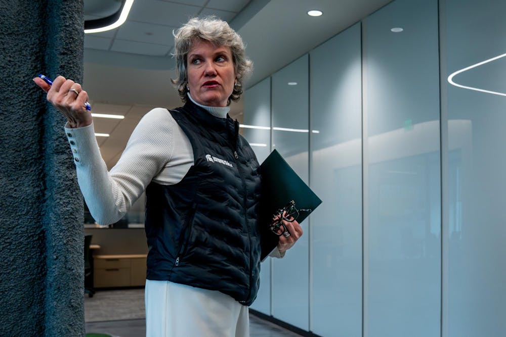 <p>Michigan State University, Vice President of University Advancement, Kim Tobin, speaks to State News Reporters about the new renovations at the University Advancement office at Spartan Stadium in East Lansing, MI, on Thursday, Nov. 20, 2025</p>
