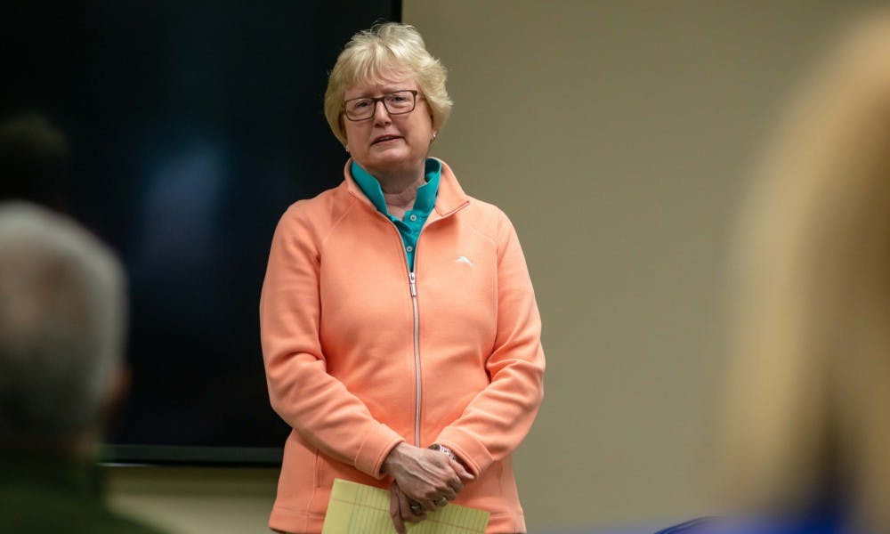 MSU trustee Nancy Schlichting speaks about her experiences as a member of the LGBTQ community at the MSU Union on April 10, 2019.