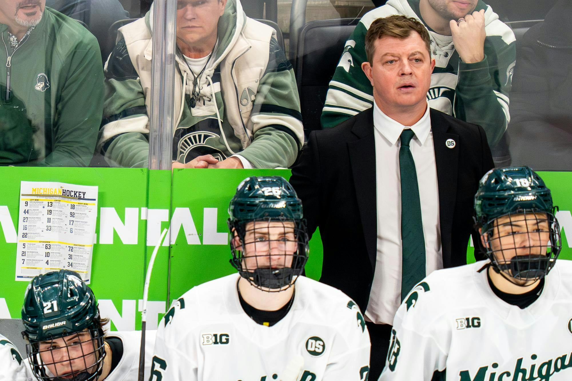 Michigan state Spartans Head Coach Adam Nightingale behind the bench during the Duel in the D at Little Caesars Arena in Detroit on Saturday, Feb. 7, 2026.