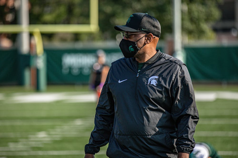 <p>MSU cornerbacks coach Harlon Barnett during an October 2020 practice.</p>