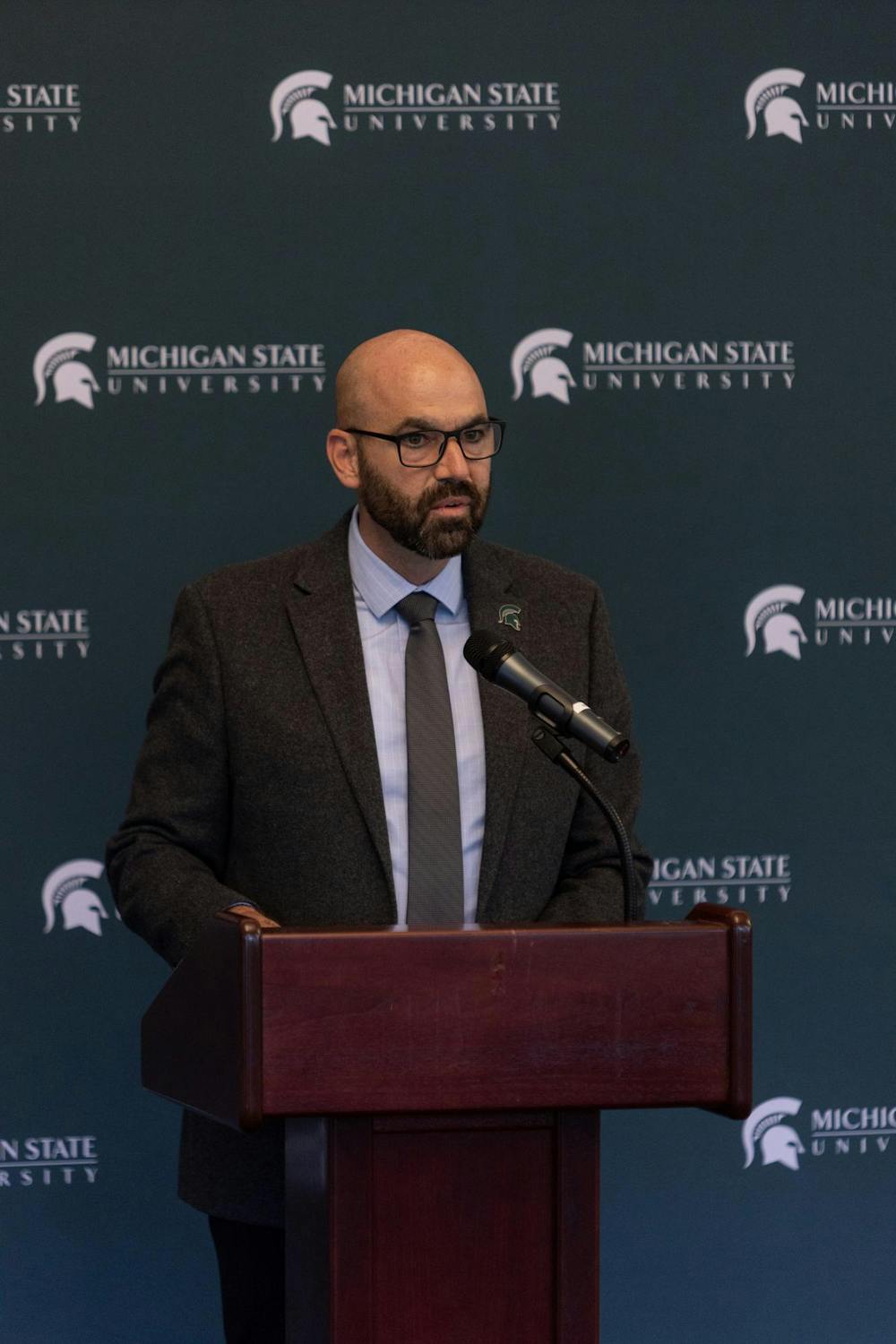 <p>Michigan State associate vice president of Strategic Infrastructure Planning and Facilities Kenneth McFarlane speaks about the campuswide power outages during a press conference at The Henry Center for Executive Development in East Lansing, Mich., on Monday, September 21, 2026.</p>