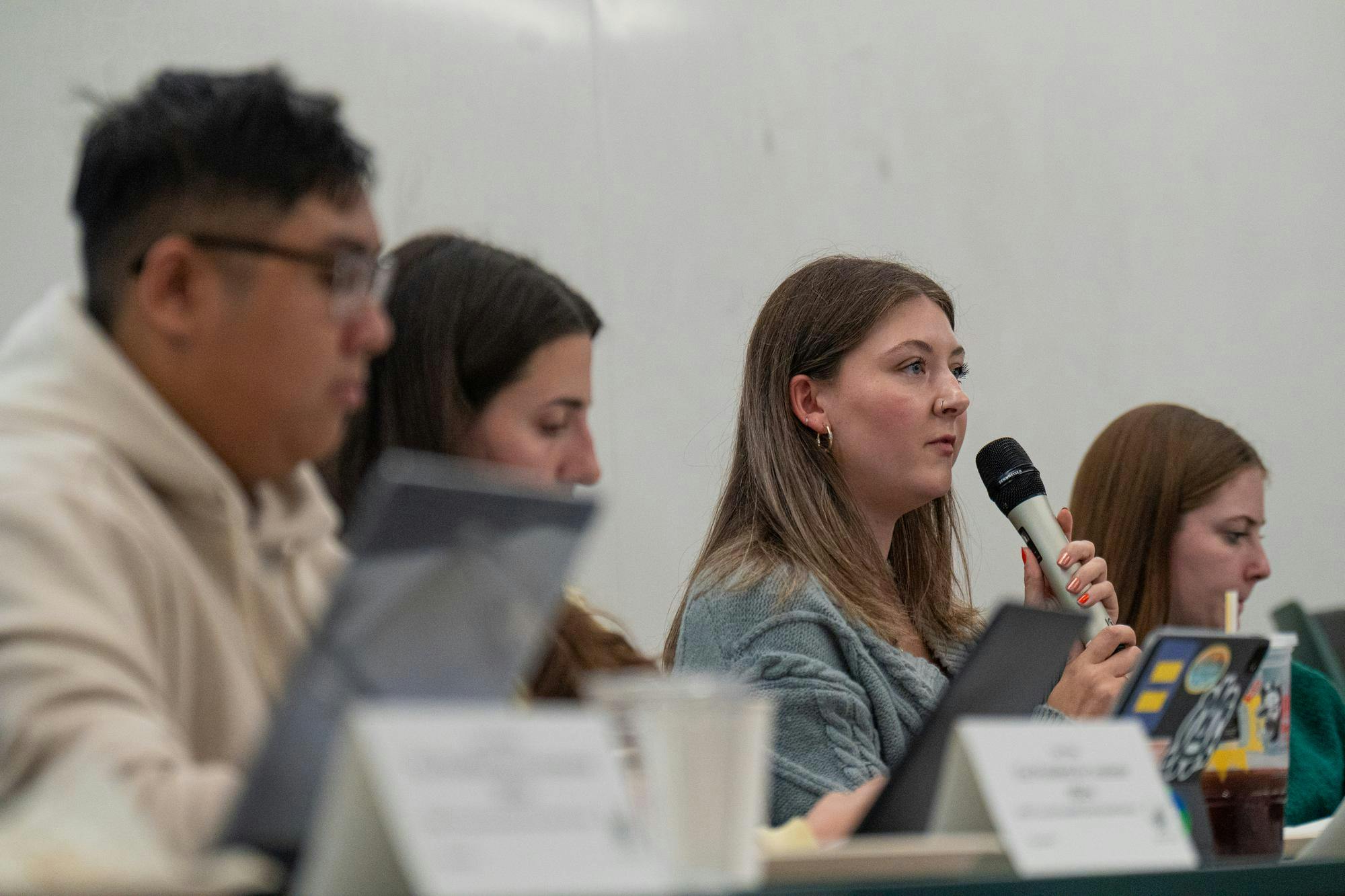 ASMSU President Kathryn Harding speaking out to the group discussion during the ASMSU general assembly meeting in the international center in East Lansing, Michigan on Oct. 23, 2025.