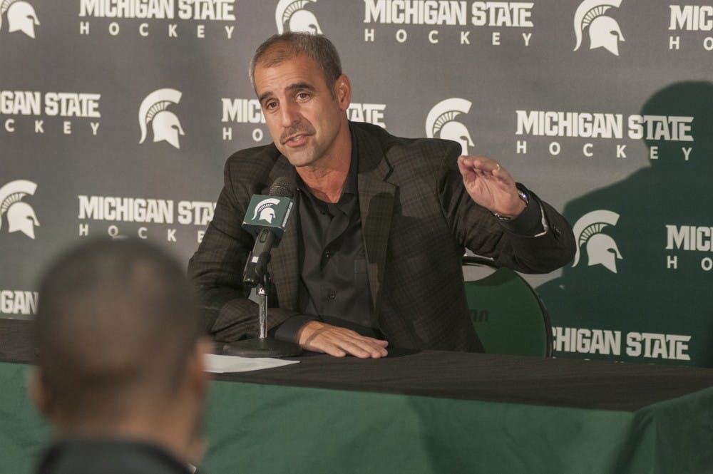 MSU Hockey head coach Tom Anastos talks about the upcoming season on Oct. 5, 2016 in Munn Ice Arena. Anastos answered questions about new players on the team and the exhibition game they played against the University of Toronto.