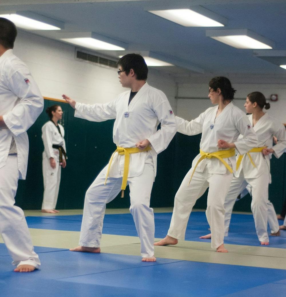 <p>East Lansing resident and senior master instructor Sarah-Kate Lavan instructs the club members March 2, 2015, during their practice at IM Sports-West. Any member of the MSU community is welcome in the MSU Taekwondo Club. Hannah Levy/The State News</p>