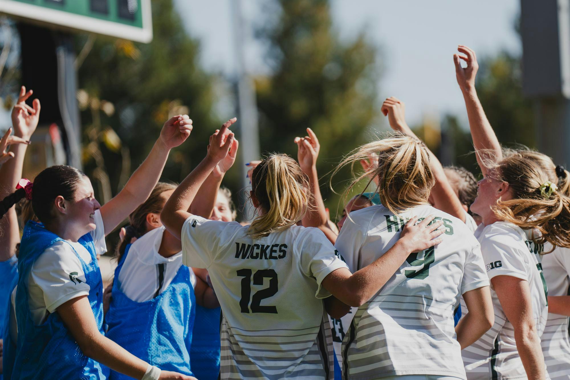 The Spartans celebrate a goal from sophomore forward Bella Najera at DeMartin stadium ahead of a game against the Wildcats on Oct. 20, 2024.