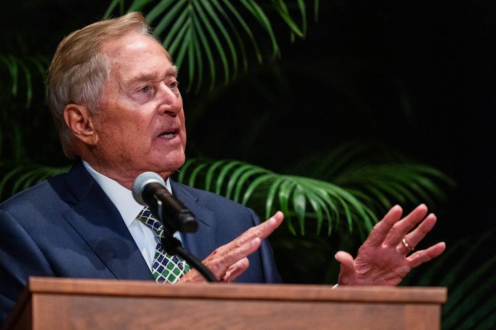 James Blanchard, former Michigan governor (1983–1990), speaks during the first Presidential Speaker Series at the Wharton Center for Performing Arts on Michigan State University’s campus in East Lansing, Mich., on Tuesday, March 17, 2026.