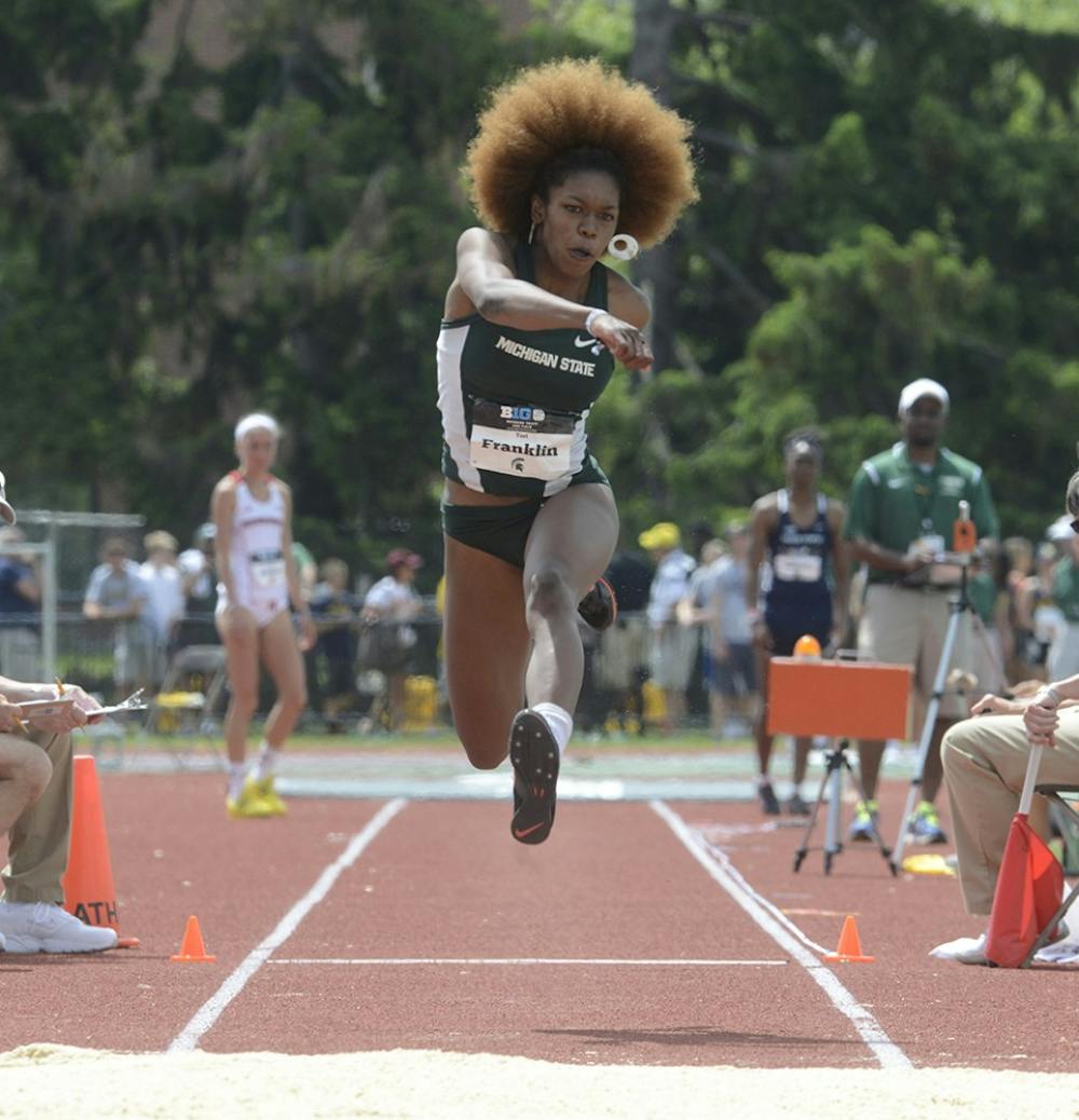 <p>Senior Tori Franklin begins the first of her three jumps during the women&#x27;s three jump competition at the Big Ten Conference Championships May 17th, 2015 at Ralph Young Field. </p>