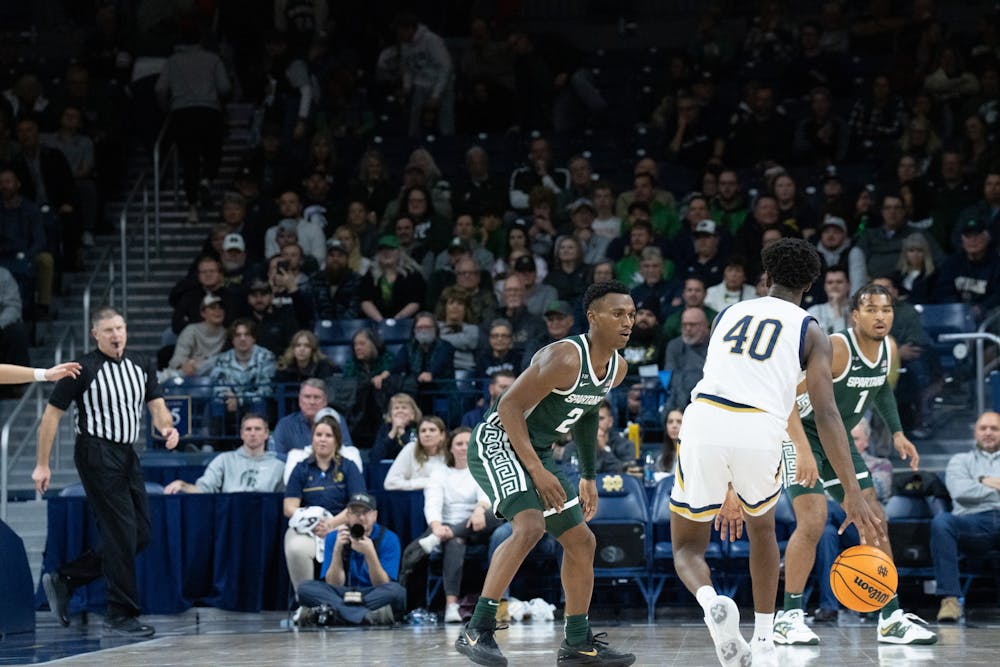 <p>Senior guard Tyson Walker (2) guarding freshman guard JJ Starling during the Notre Dame v. MSU game held at the Joyce Center on November 30, 2022. The Spartans lost to the Fighting Irish 52 -70.</p>