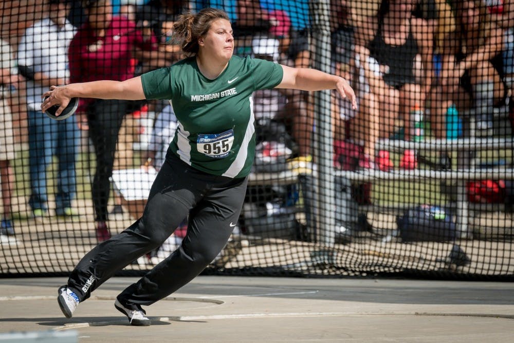 <p>Katelyn Daniels throwing the discus. Photo courtesy of MSU Athletic Communications.</p>