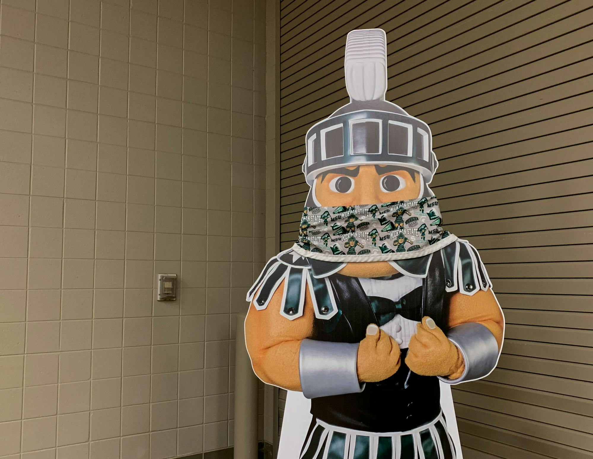 <p>Sparty seen with a face mask. </p>