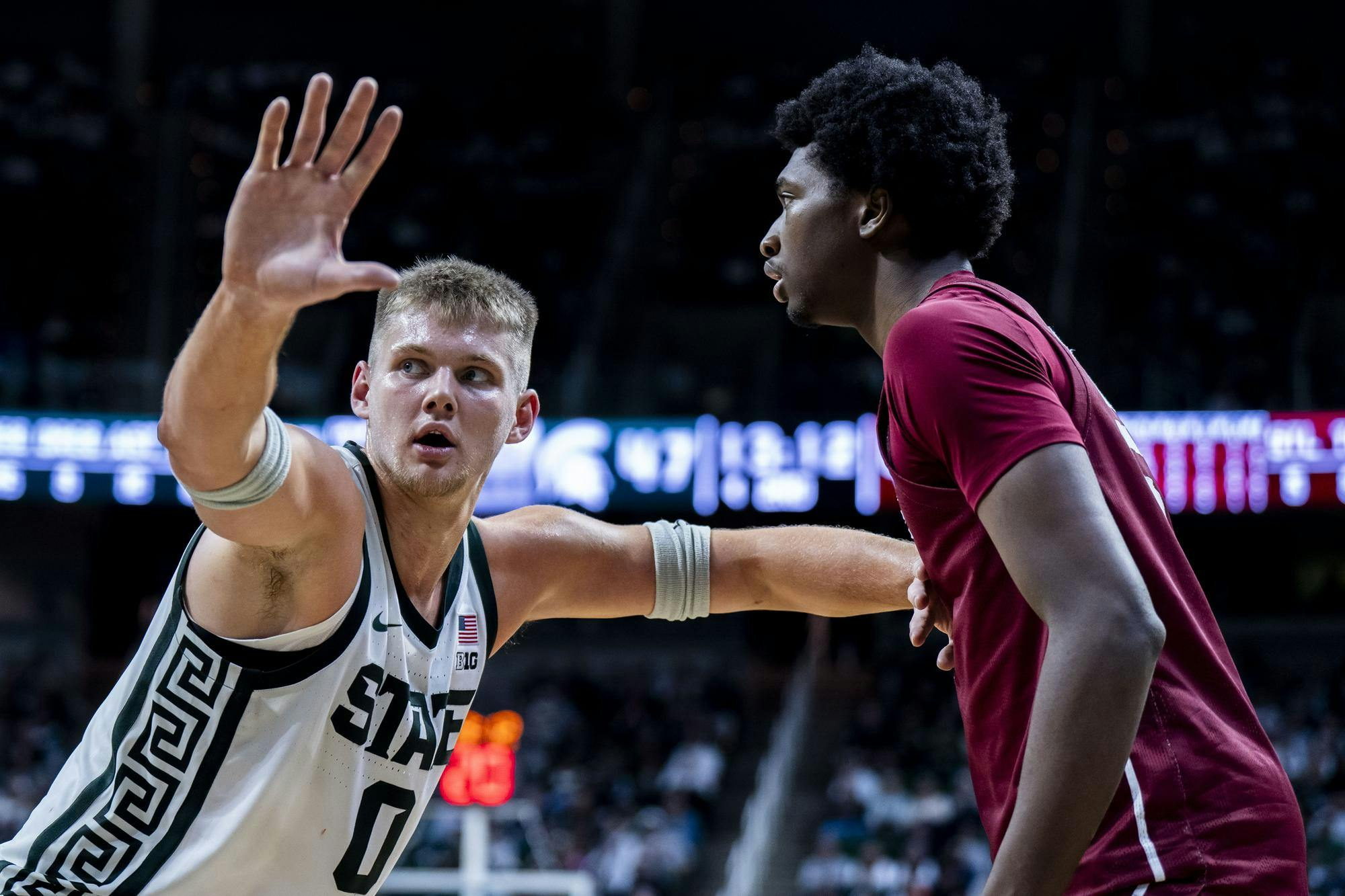 <p>Michigan State senior forward Jaxon Kohler (0) blocks Colgate freshman forward Ayomi Odetoyinbo (15) in the Breslin Center in East Lansing, Michigan, on Nov. 3, 2025.</p>