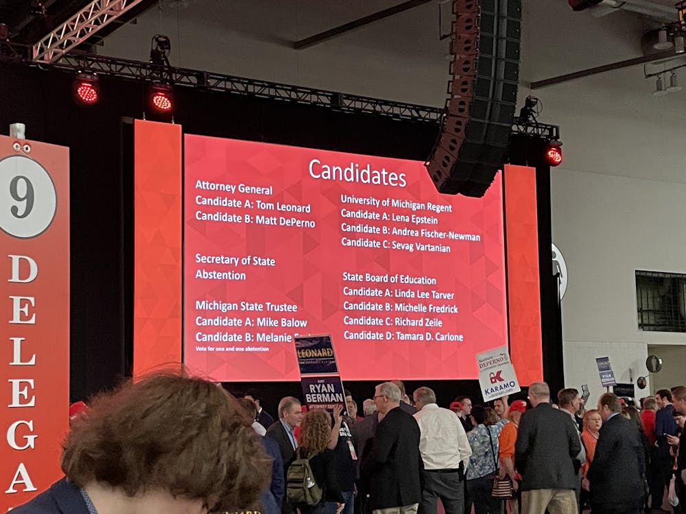 <p>The second and corrected display of candidates on the big screen at the Michigan Republican Party Endorsement Convention for the second ballot. After some confusion over the listing of candidates, delegate voting was put on hold for 30 minutes. </p>