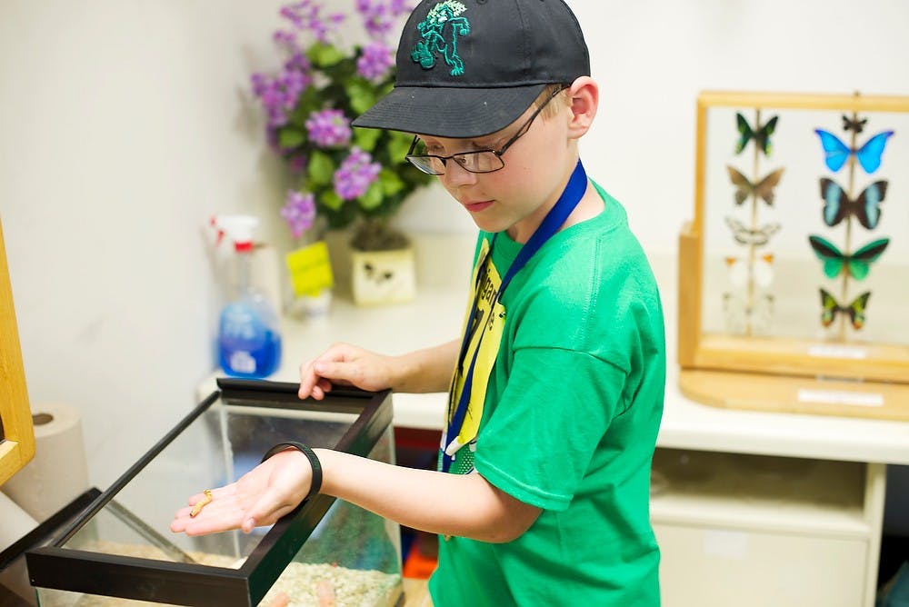 <p>Webberville, Mich., resident Zackary Taylor holds an insect as part of the annual "Be A Tourist In Your Own Town" event May 31, 2014, at the Bug House inside the Natural Science Building. The Bug House was one of the many activities planned for the tour. Hayden Fennoy/The State News</p>