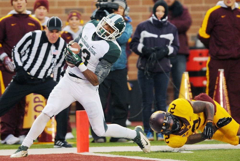 	<p>Michigan State wide receiver Bennie Fowler catches a 36-yard throw for a touchdown during a game at <span class="caps">TCF</span> Bank Stadium on Saturday, Nov. 24, 2012, in Minneapolis, Minn. Anthony Kwan/The Minnesota Daily</p>