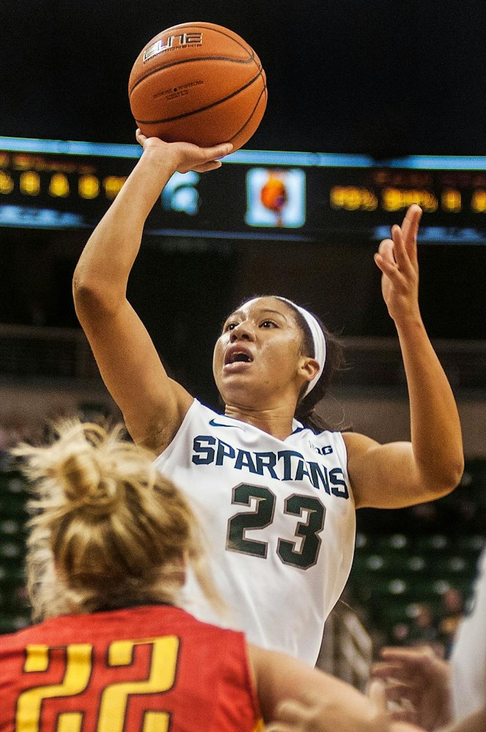 	<p>Redshirt freshman guard Aerial Powers goes for a jumpshot during the game against Ferris State, Oct. 30, 2013, at Breslin Center. The Spartans beat the Bulldogs, 101-52. Danyelle Morrow/The State News</p>