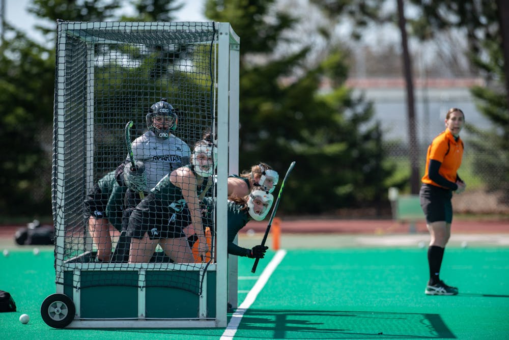 MSU players prepare for a penalty corner during a game against Michigan on April 2, 2021.