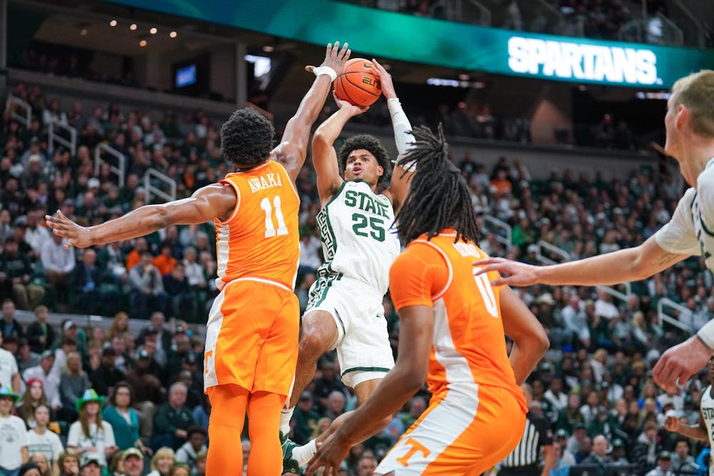 <p>Graduate student forward Malik Hall (25) taking a jump-shot during a game against Tennessee at the Breslin Student Events Center on Oct. 29, 2023. Hall would finish the game with 14 points and 11 rebounds as the Spartans narrowly lost 89-88.</p>