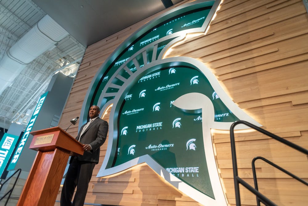 New head football coach Mel Tucker speaks at his introductory press conference at the Breslin Student Events Center on February 12, 2020.
