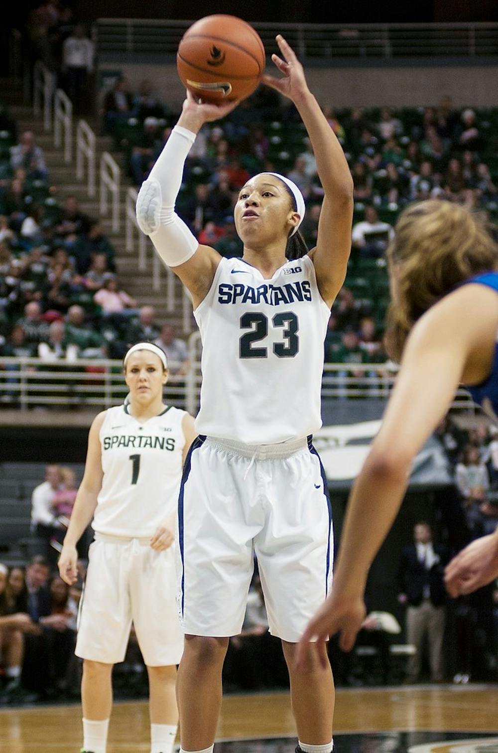 	<p>Redshirt freshman guard Aerial Powers shoots a free throw Dec. 1, 2013, at Breslin Center. <span class="caps">IPFW</span> defeated <span class="caps">MSU</span>, 81-74. Margaux Forster/The State News</p>