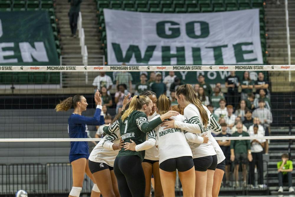 MSU Volleyball team gathers after loosing a point. at the Breslin Center In East Lansing, MI on Sunday Sep. 27th, 2026