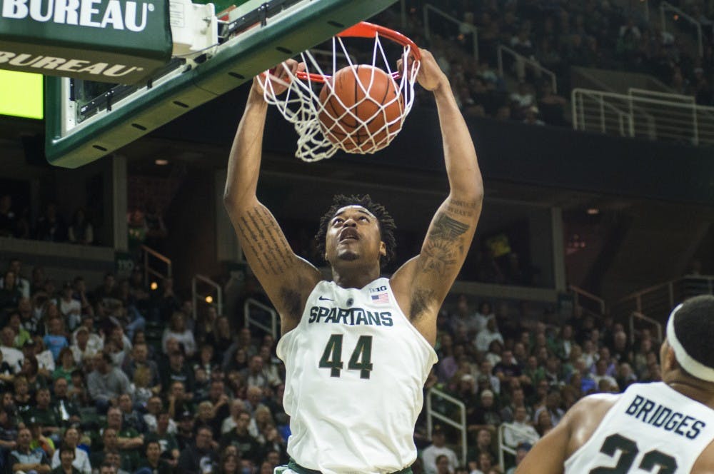 Freshman forward Nick Ward (44) dunks the ball during the game against Mississippi Valley State on Nov. 18, 2016 at Breslin Center. The Spartans defeated the Delta Devils, 100-53.