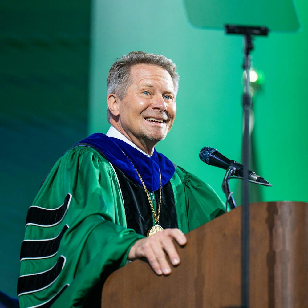 <p>Michigan State's president, Kevin Guskiewicz, gives a speech during a convocation inside the Breslin Center in East Lansing, Mich., on May 1, 2026.</p>