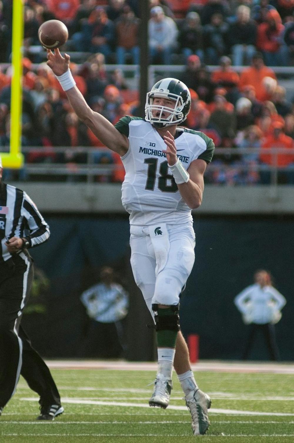 	<p>Sophomore quarterback Connor Cook throws the ball during the game against Illinois on Oct. 26, 2013, at Memorial Stadium in Champaign, Ill. The Spartans defeated the Fighting Illini, 42-3. Danyelle Morrow/The State News</p>