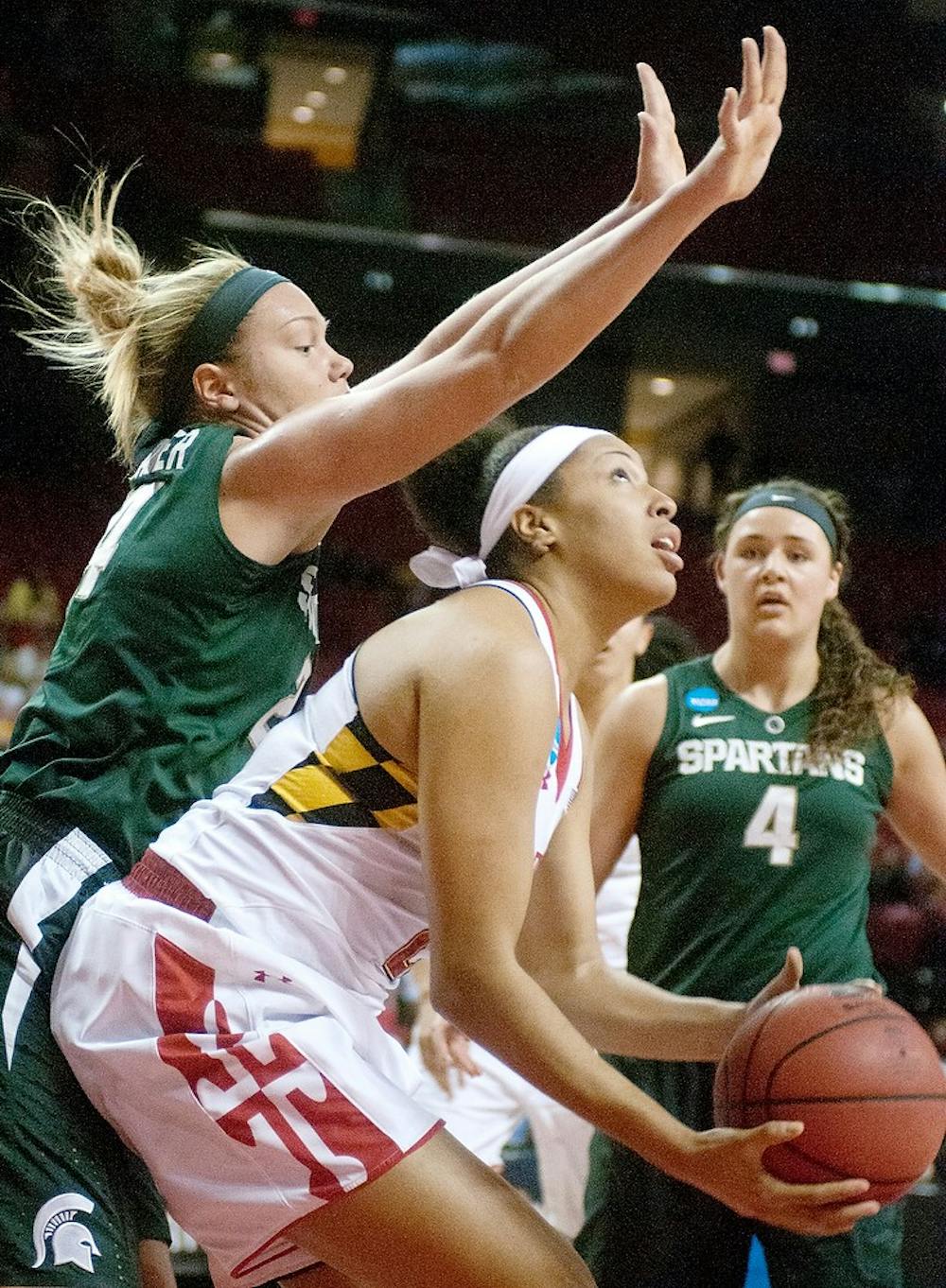 	<p>Senior forward Courtney Schiffauer tries to block Maryland forward<br />
Tianna Hawkins during the second round of the <span class="caps">NCAA</span> Tournament on<br />
Monday, March 25, 2013, at Comcast Center in College Park, Md. The<br />
Spartans lost to the Terrapins, 74-49. Julia Nagy/The State News</p>