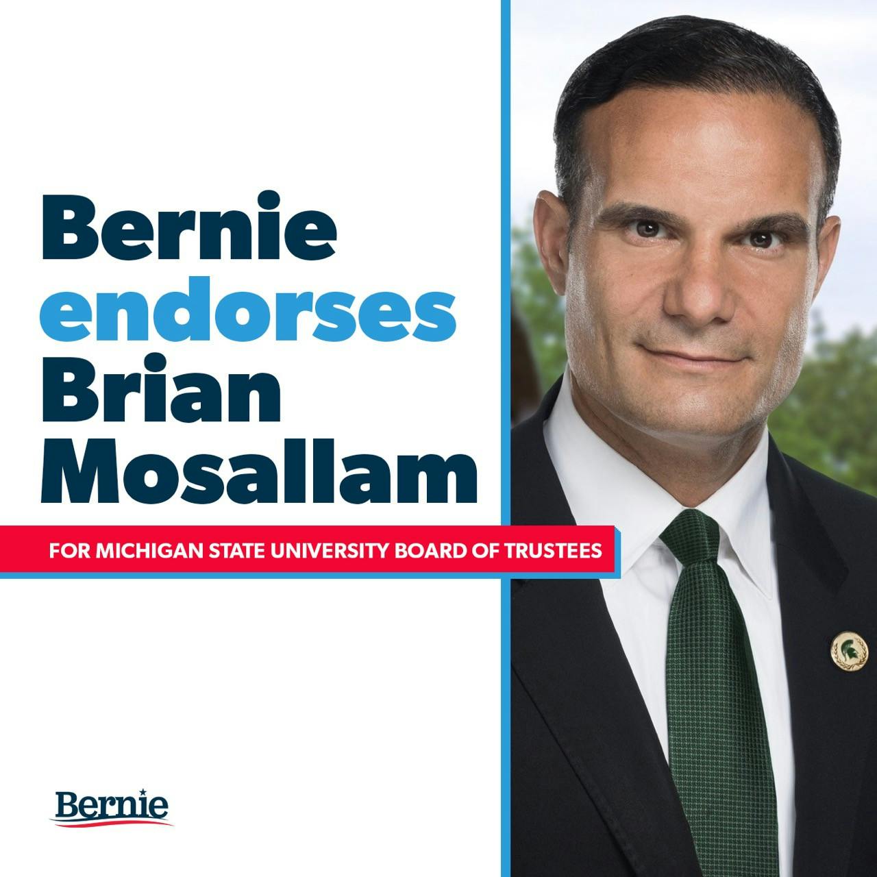 The photo Brian Mosallam shared on Twitter, showing Bernie Sanders endorsed him for the 2020 Board of Trustees election. 