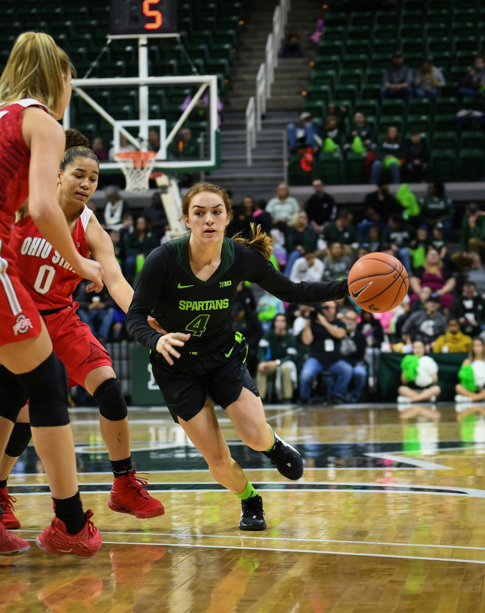 <p>Senior guard Taryn McCutcheon (4) during the women&#x27;s basketball game against Ohio State on Jan. 16, 2019. The Spartans defeated the Buckeyes 68-65. </p>