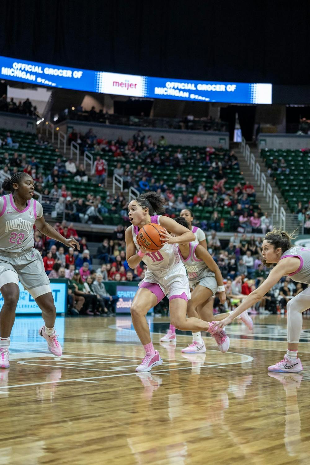 <p>Spartan freshman guard Bree Robinson (10) passionately takes the ball down the court during a cutthroat game against the Buckeyes at the Breslin Center on Feb. 11, 2024. The Spartans lost to the Buckeyes 71-86.</p>