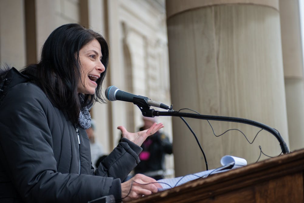 Michigan Attorney General, Dana Nessel address the crowd after some technical difficulties during the Women’s March On Lansing 2020 Jan. 18, 2020, hosted by the Blue Brigade.