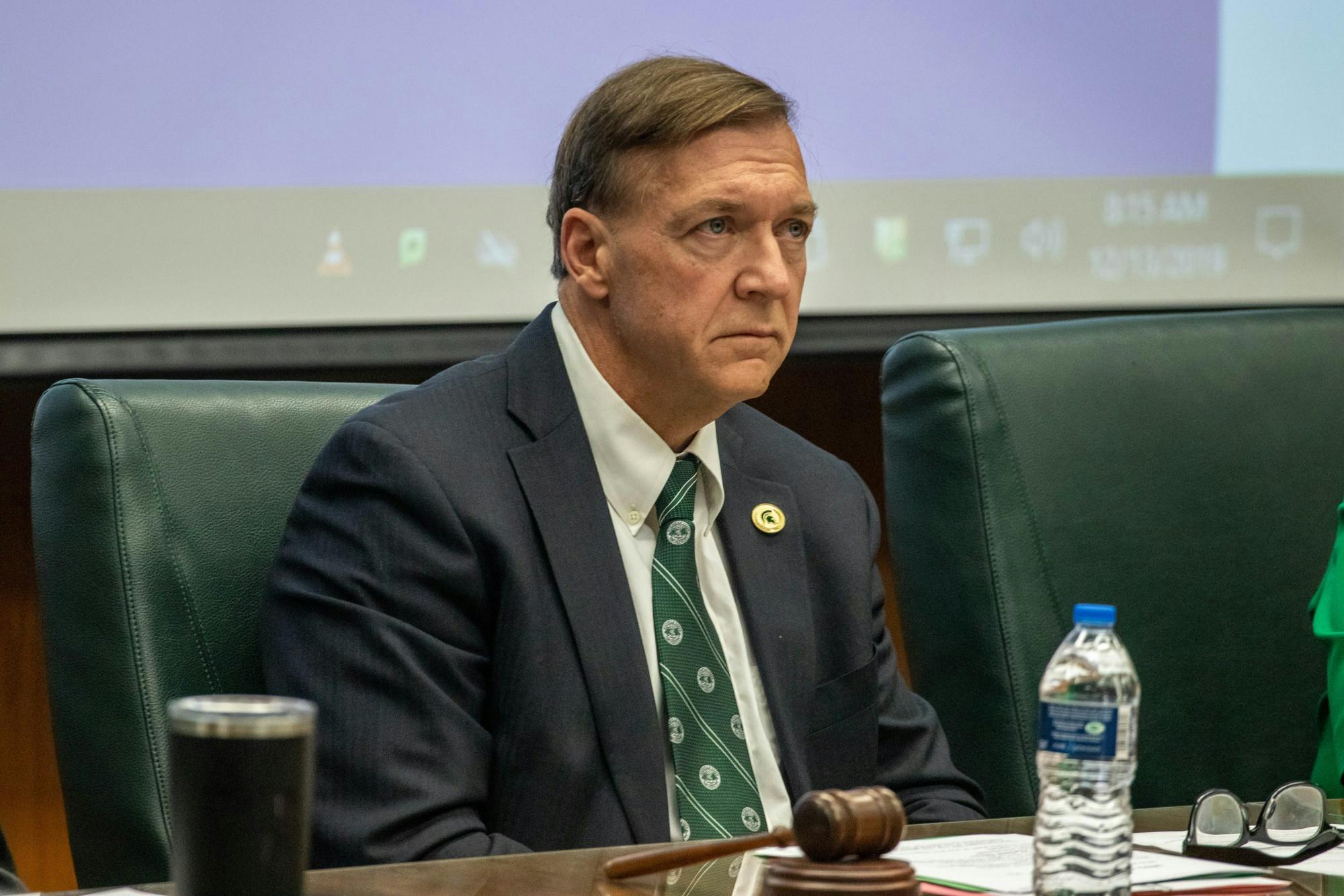 <p>MSU President Samuel L. Stanley Jr. listens at the Board of Trustees Meeting on Dec. 13, 2019.</p>