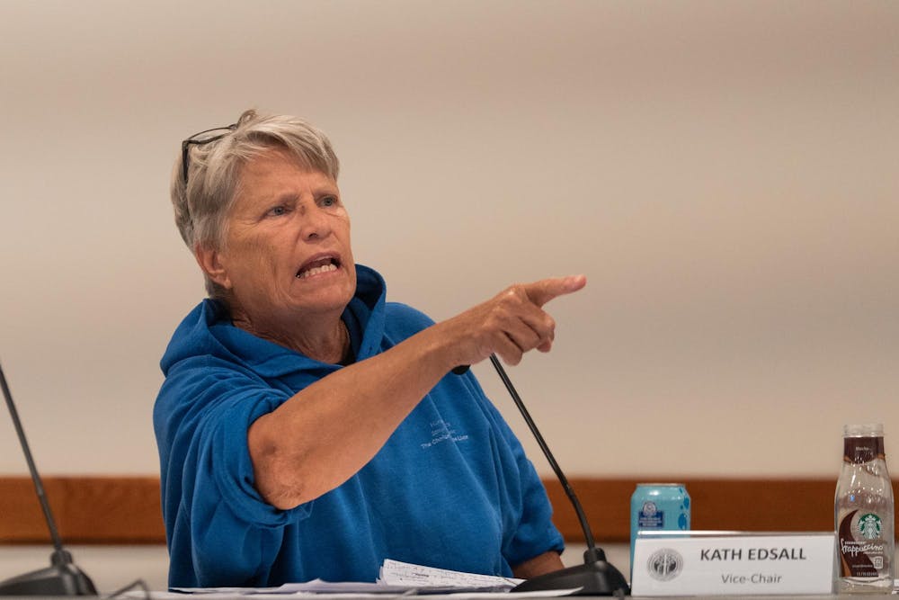 <p>Commission Vice-Chair Kath Edsall speaks at the East Lansing Independent Police Oversight Commission (ELIPOC) meeting at the Hannah Community Center in East Lansing, Mich., on Aug. 5, 2026.</p>