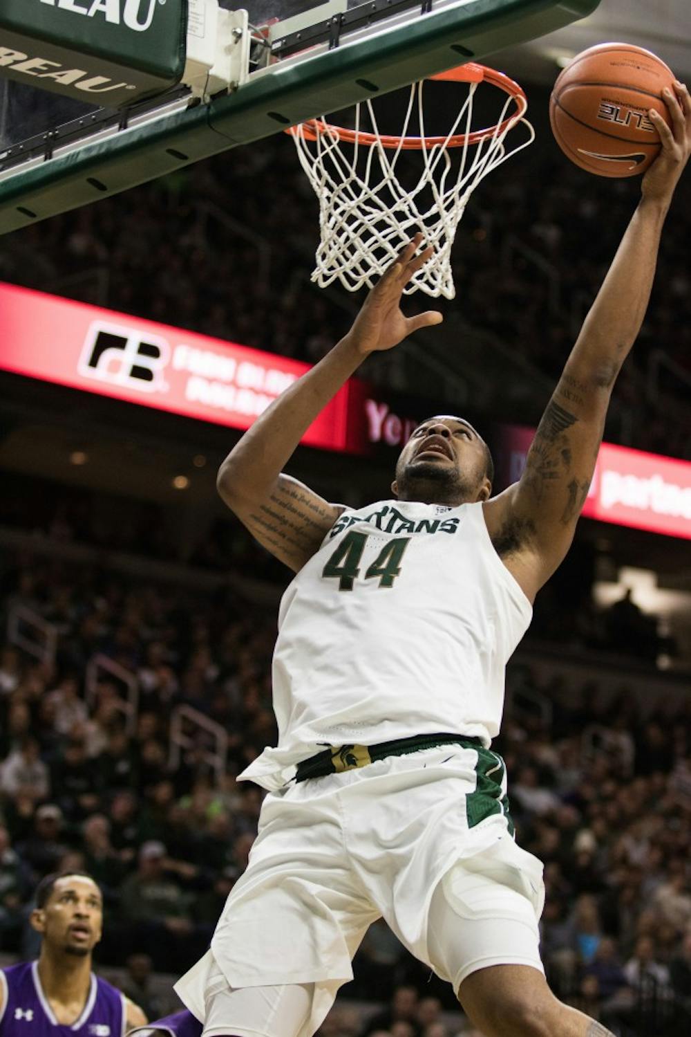 Junior forward Nick Ward (44) makes a basket during the game against Northwestern University at Breslin Center on Jan. 2, 2019. The Spartans defeated the Wildcats, 81-55.