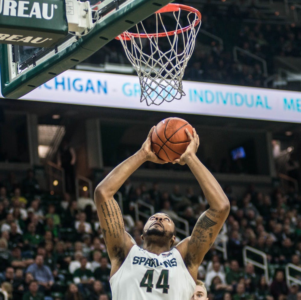 Junior forward Nick Ward (44) makes a basket during the game against Northern Michigan at Breslin Center on Oct. 30, 2018. The Spartans defeated the Wildcats, 93-47.