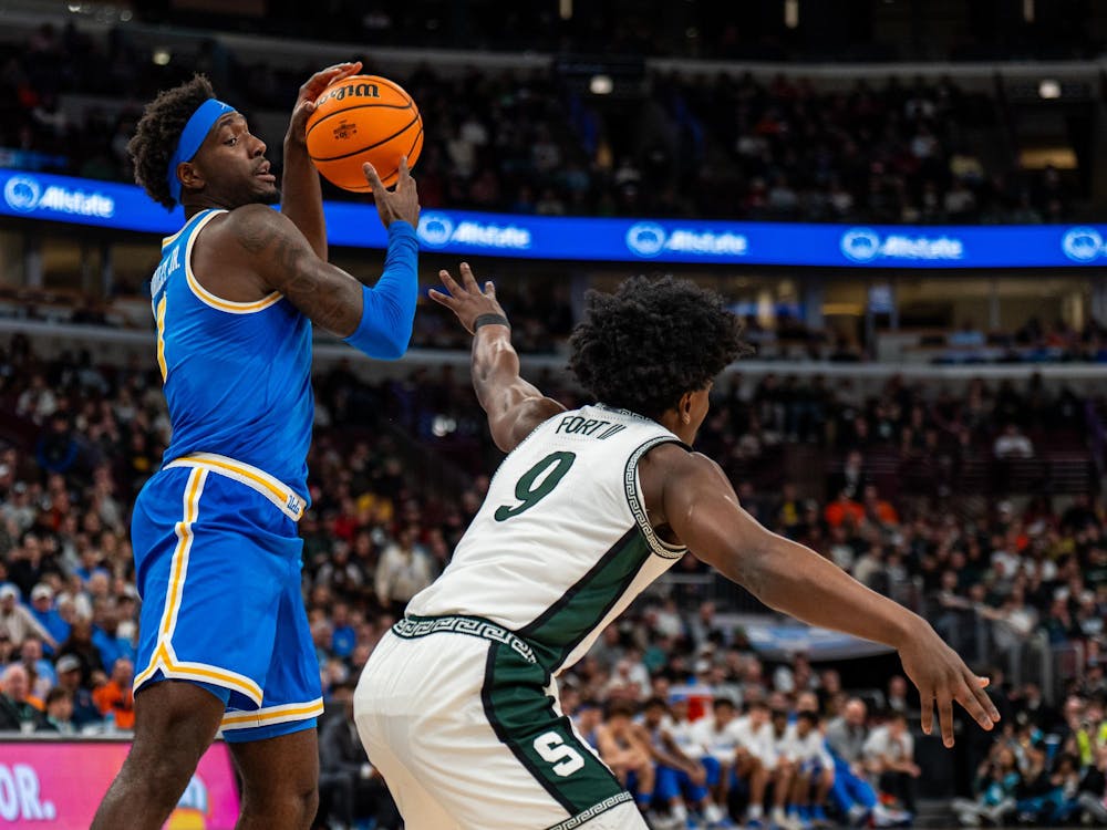The Michigan State Spartans face off against the UCLA Bruins inside the United Center in Chicago, Illinois, on Friday, March 13, 2026. MSU lost to UCLA in Game 14 of the Big Ten Basketball Tournament, 88-84. 