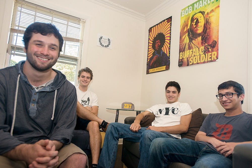 	<p>From left to right, marketing sophomore Alex Buchanan, supply chain management sophomore Nick Kelley, applied engineering sciences sophomore Josh Murray and psychology junior Jake Stone sit in the living room of the new Zeta Beta Tau house on Center Street. The students are some of the founding fathers of the fraternity at <span class="caps">MSU</span>. Julia Nagy/The State News</p>