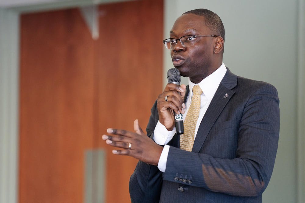 Lieutenant Governor Garlin Gilchrist II speaks at the JMC black history month symposium in Case Hall on Feb. 21, 2025. 