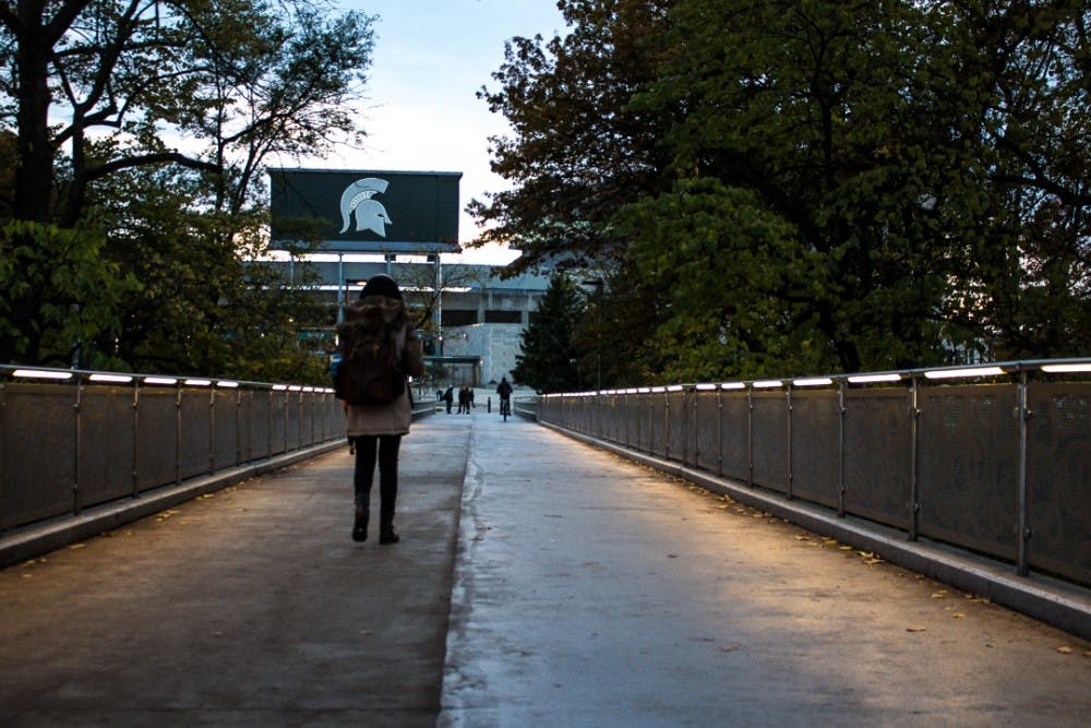 <p>Students walk across the bridge between the Main Library and Spartan Stadium on Nov. 7, 2017. The bridge features newly installed panels with designs inspired by the changing seasons on the Red Cedar. The panels are also part of the Water Moves MSU initiative.&nbsp;</p>