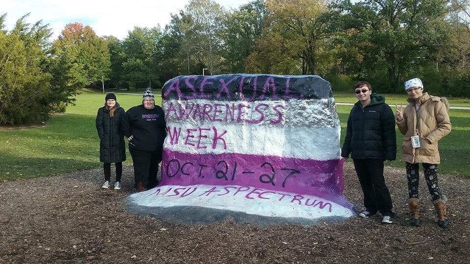 <p>Members of MSU A-Spectrum pose with the Rock after it was painted for Asexual Awareness Week 2018. <strong>Photo courtesy of MSU A-Spectrum.</strong></p>