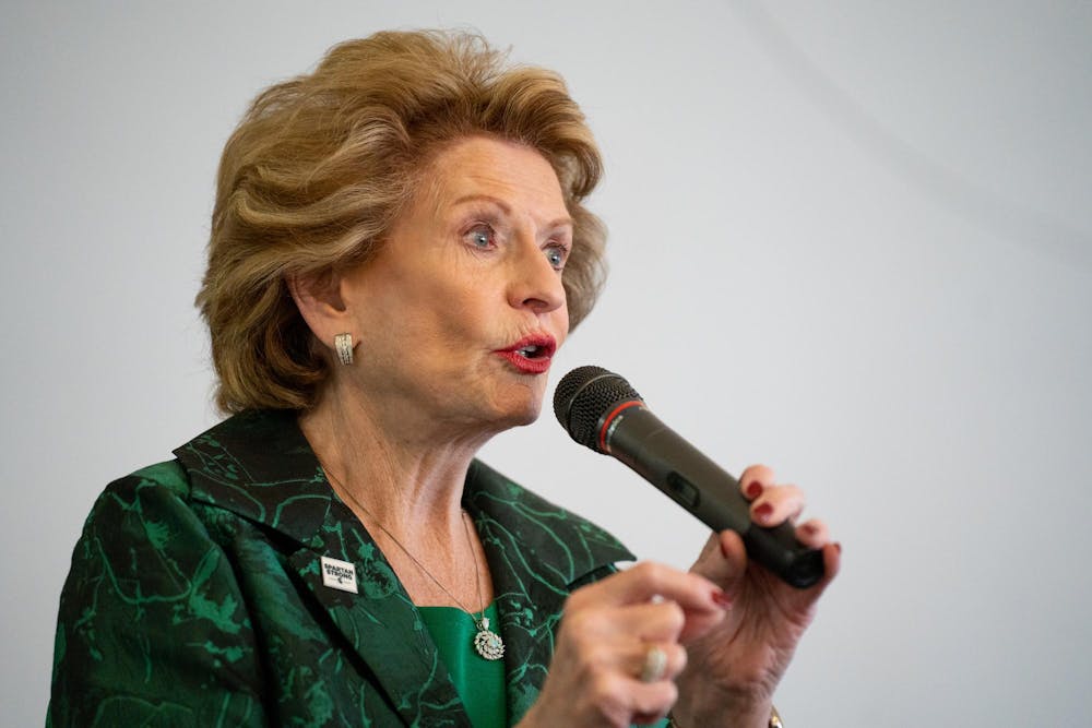 Sen. Debbie Stabenow (D-MI) speaks to the crowd at a "Lunch and Learn" event held at Case Hall at Michigan State University on Tuesday, April 11, 2023. Stabenow discussed topics like climate change, gun violence and voting and took questions from audience members.