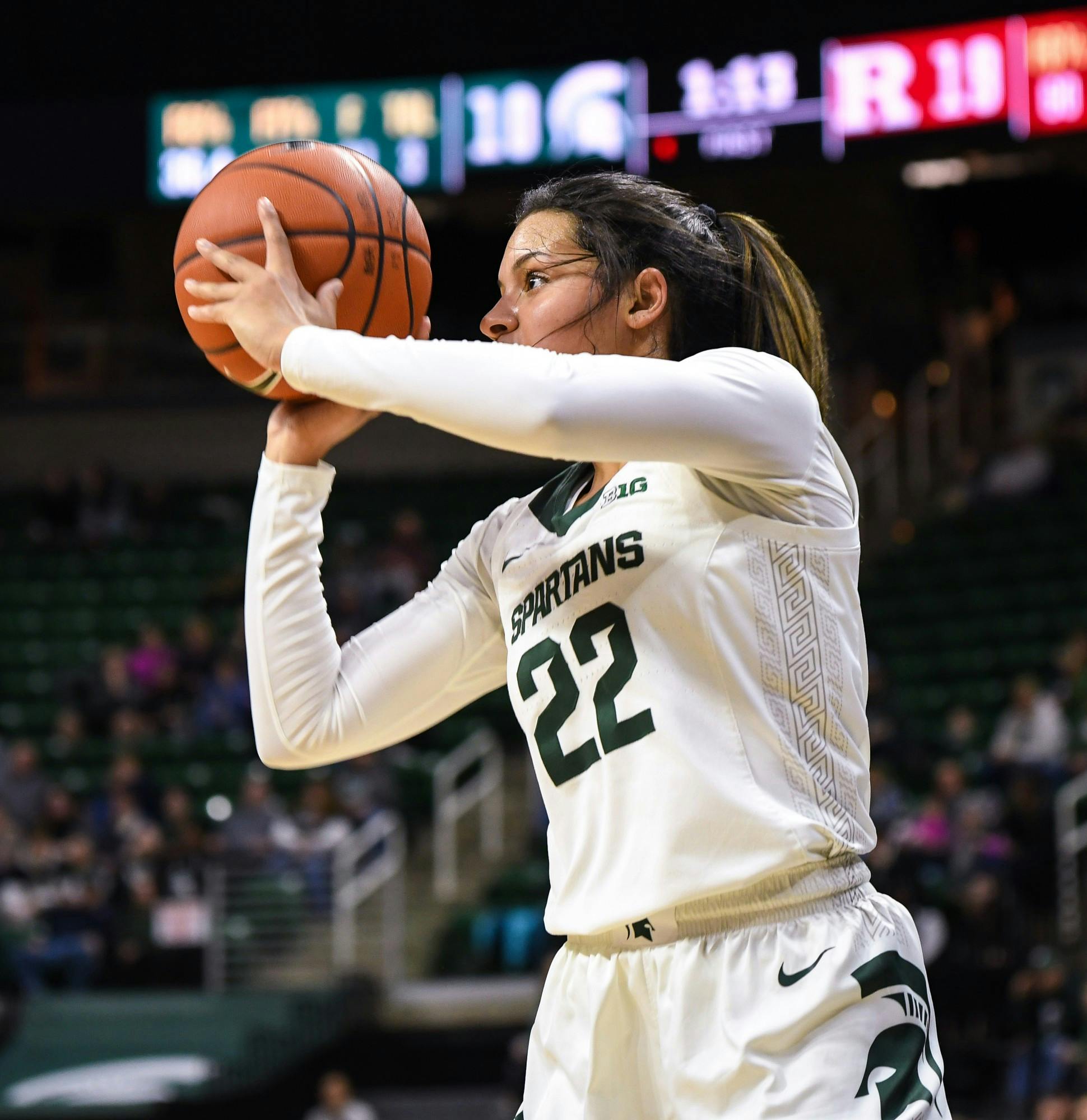 <p>Freshman guard Moira Joiner attempts a three point shot during the women&#x27;s basketball game against Rutgers at the Breslin Center on Feb. 13, 2020. The Spartans ended a five-game losing streak and defeated the Scarlet Knights 57-53. </p>