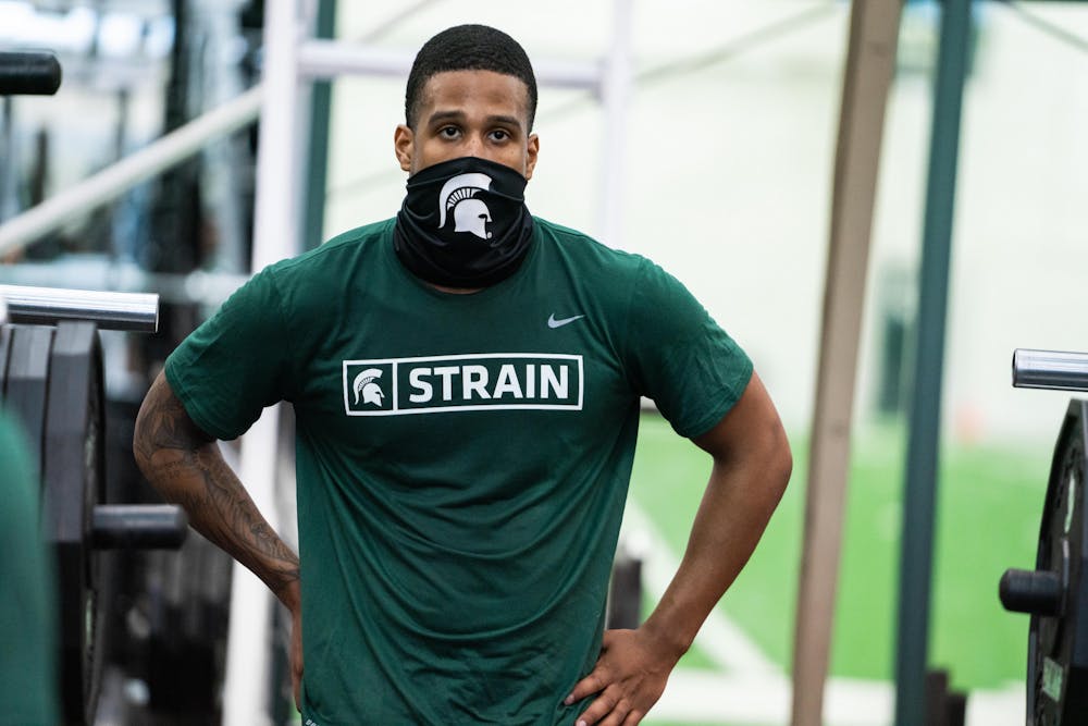 Kameron Allen takes a break during a winter workout following his decision to early enroll at MSU. Allen told the media on Feb. 3 that he hadn't seen a lot of snow and that he's still getting used to the cold weather of Michigan – Allen is a 3-star recruit out of Texas.