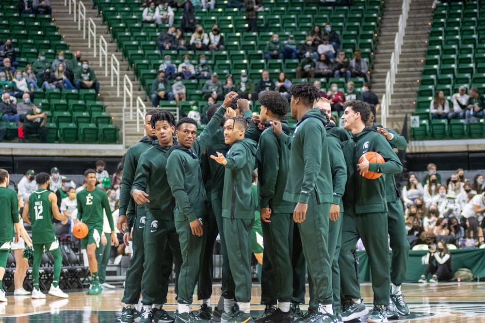 <p>The MSU men&#x27;s basketball team prepares for their clash against Eastern Michigan at the Breslin Center in East Lansing on Nov. 20, 2021.</p>