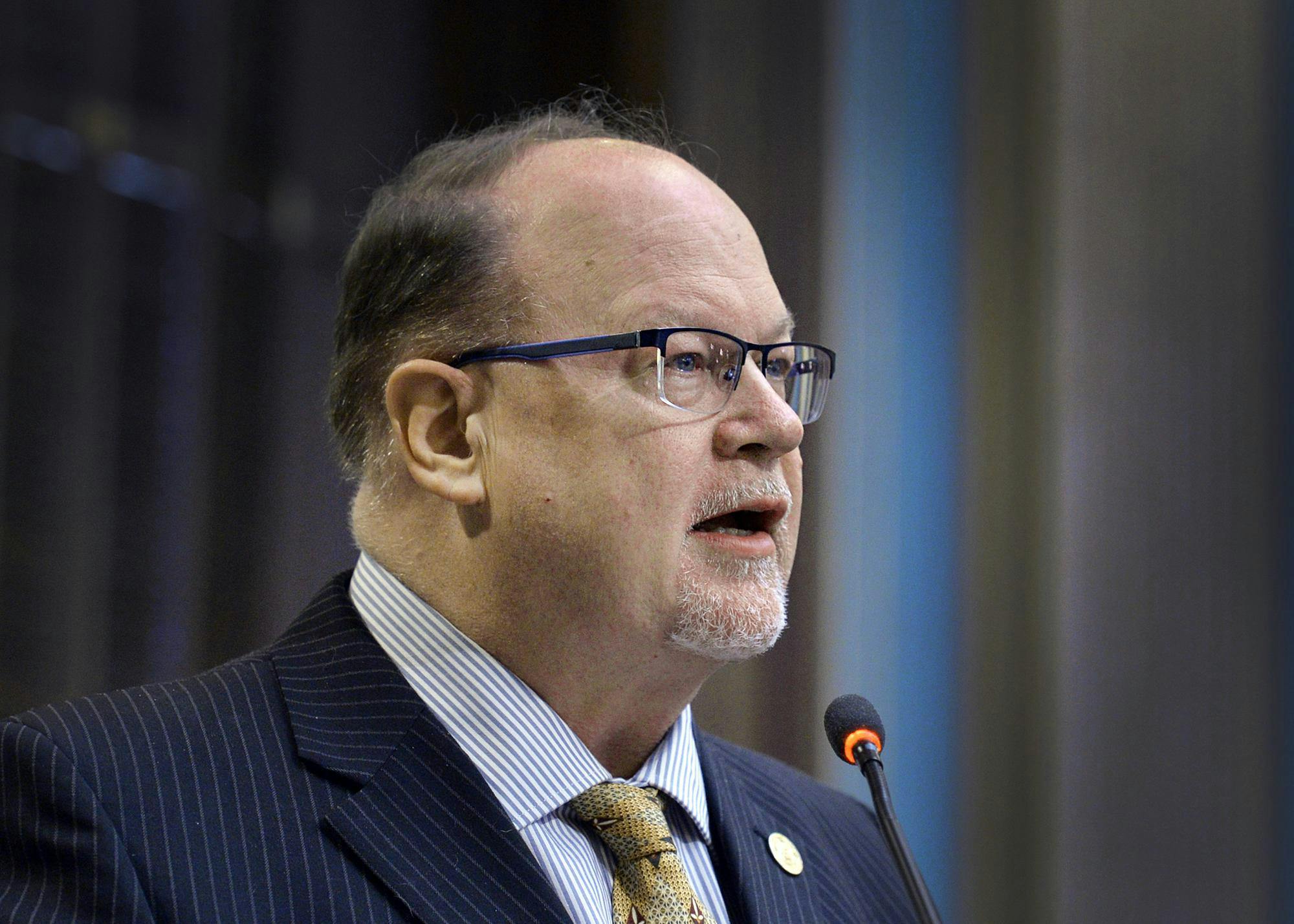 <p>Sen. Jim Runestad, R-White Lake, addresses the Senate on Senate Bill 378 in Lansing, Michigan on May 13, 2021. Courtesy of MI Senate Republicans.</p>
