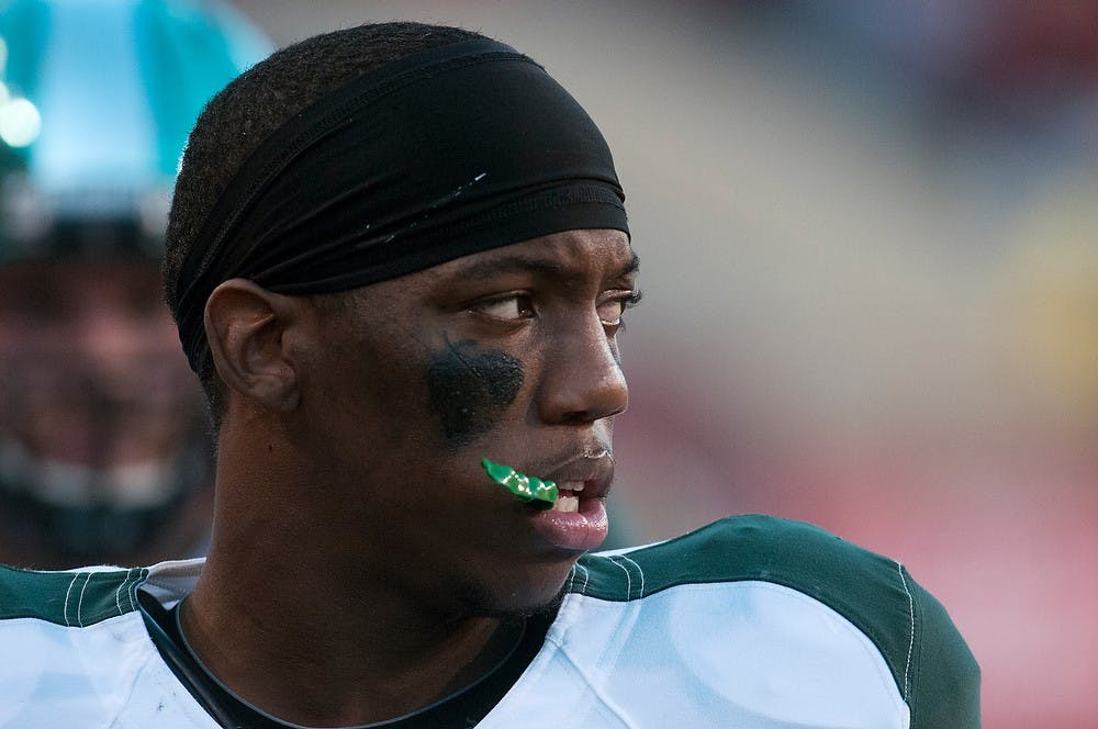 	<p>Senior cornerback Darqueze Dennard looks at the field Nov. 16, 2013, at Memorial Stadium in Lincoln, Neb. during the game against Nebraska. The Spartans defeated the Cornhuskers, 41-28. Julia Nagy/The State News</p>